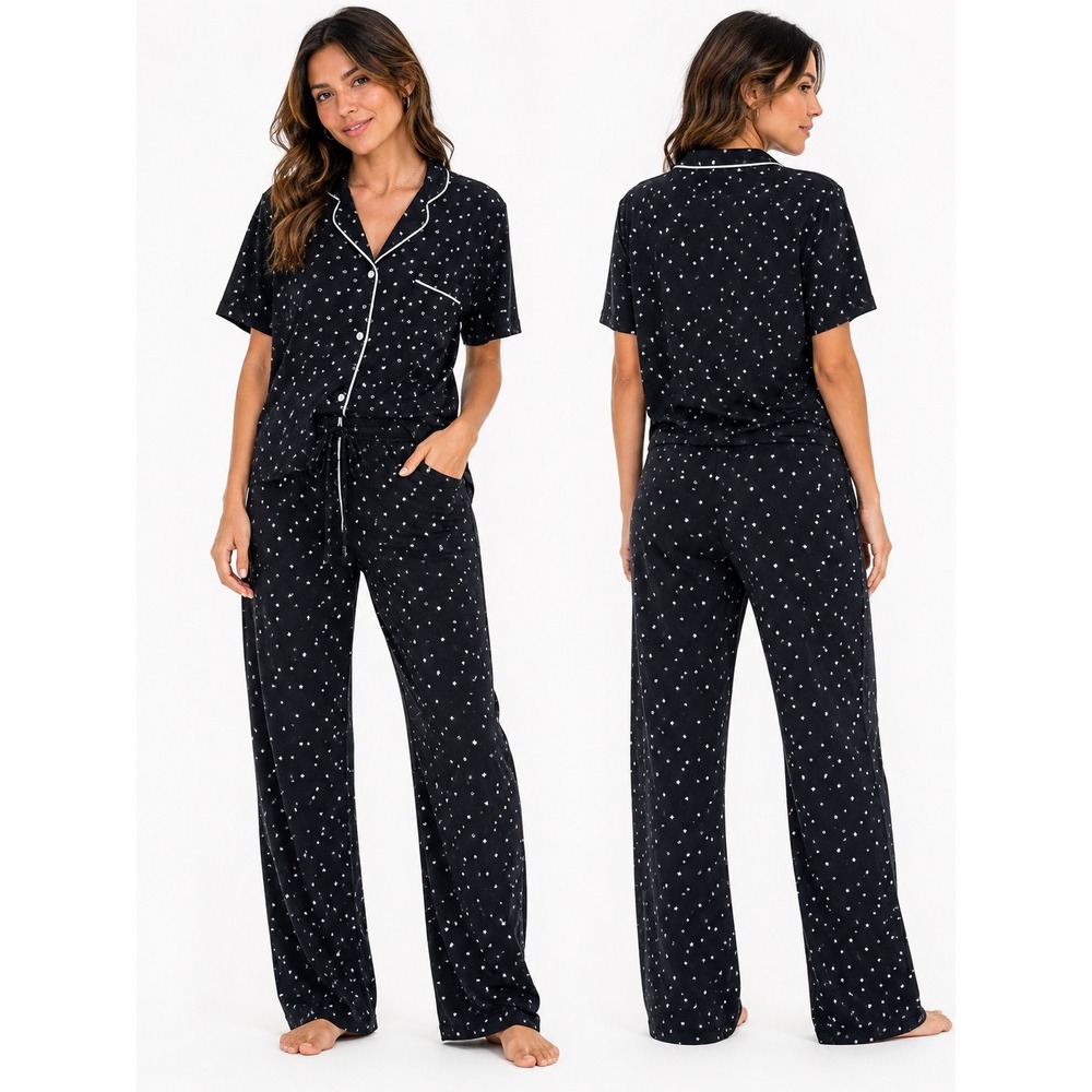 George Pajama Top Women 2X Black Star Print Short Sleeve Button Up Sleep Shirt